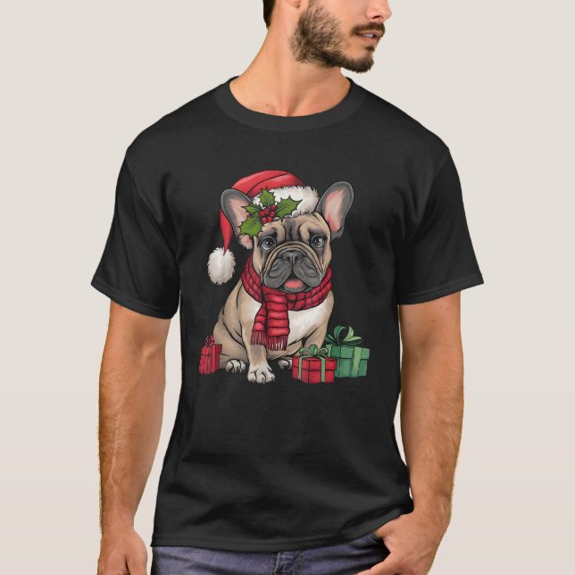 Xmas Lighting Santa Hat French Bulldog Christmas  T-Shirt (Front)