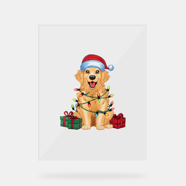 Xmas Lighting Santa Hat Golden Retriever Dog Chris Acrylic Sign (Front)