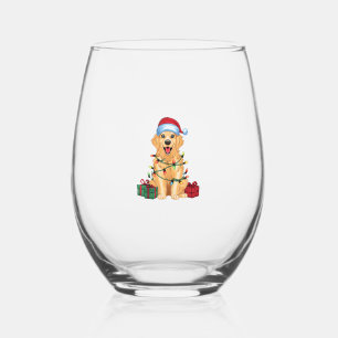 Xmas Lighting Santa Hat Golden Retriever Dog Chris Stemless Wine Glass