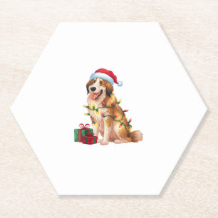 Xmas Lighting Santa Hat Great Pyrenees Dog Christm Paper Coaster