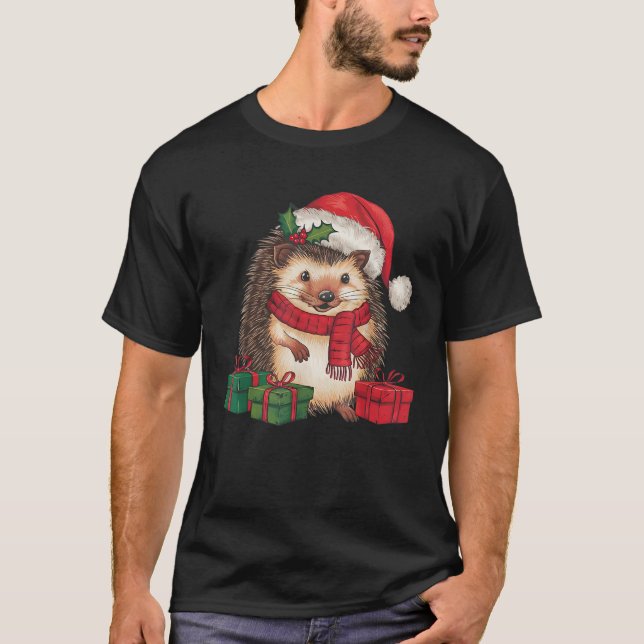 Xmas Lighting Santa Hat Hedgehog Christmas  T-Shirt (Front)