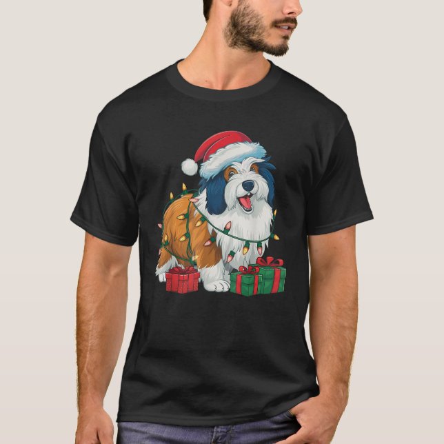 Xmas Lighting Santa Hat Icelandic Sheepdog Christm T-Shirt (Front)