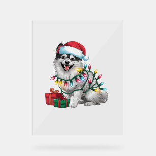 Xmas Lighting Santa Hat Japanese Spitz Dog Christm Acrylic Sign
