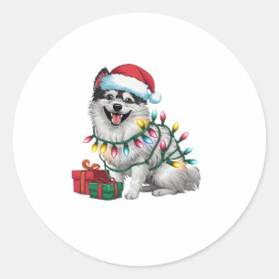 Xmas Lighting Santa Hat Japanese Spitz Dog Christm Classic Round Sticker
