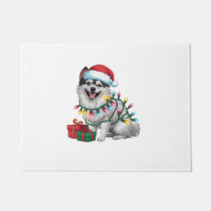 Xmas Lighting Santa Hat Japanese Spitz Dog Christm Doormat