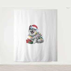 Xmas Lighting Santa Hat Japanese Spitz Dog Christm Tapestry