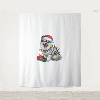 Xmas Lighting Santa Hat Japanese Spitz Dog Christm Tapestry