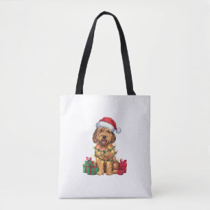 Xmas Lighting Santa Hat Labradoodle Dog Christmas Tote Bag