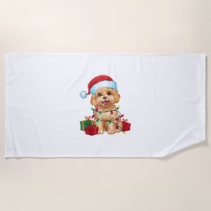 Xmas Lighting Santa Hat Maltipoo Dog Christmas  Beach Towel