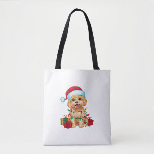 Xmas Lighting Santa Hat Maltipoo Dog Christmas  Tote Bag
