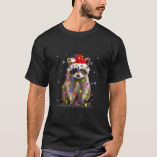 Xmas Lighting Santa Hat Merry And Bright Racoon C T-Shirt
