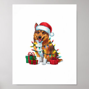 Xmas Lighting Santa Hat Norwegian Elkhound Dog Chr Poster
