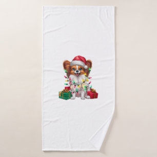 Xmas Lighting Santa Hat Papillon Dog Christmas  Bath Towel