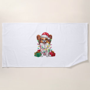 Xmas Lighting Santa Hat Papillon Dog Christmas Beach Towel