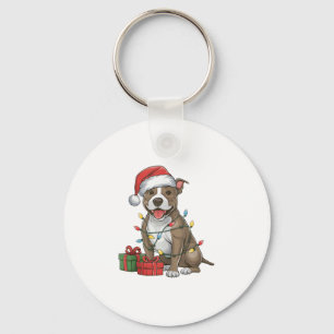 Xmas Lighting Santa Hat Pitbull Terrier Dog Christ Key Ring