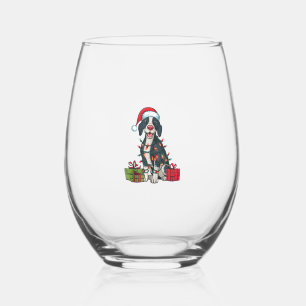 Xmas Lighting Santa Hat Pointing Dog Christmas  Stemless Wine Glass