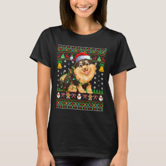 Xmas Lighting Santa Hat Pomeranian Dog T-Shirt