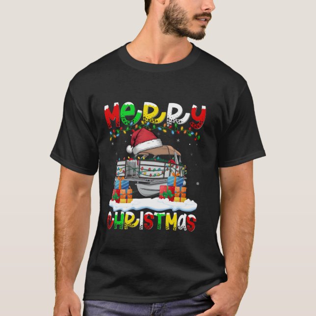 Xmas Lighting Santa Hat Pontoon Boat Merry Christm T-Shirt (Front)