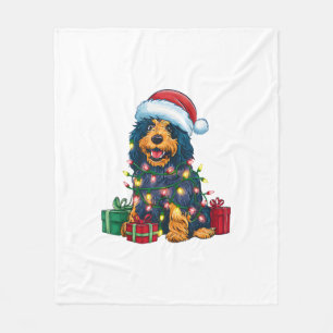 Xmas Lighting Santa Hat Portuguese Water Dog Chris Fleece Blanket