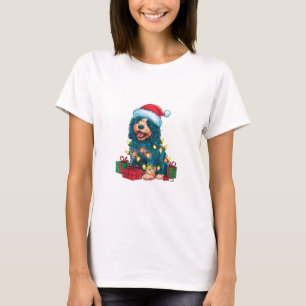 Xmas Lighting Santa Hat Portuguese Water Dog Chris T-Shirt