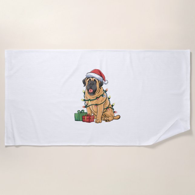 Xmas Lighting Santa Hat Pyrenean Mastiff Dog Chris Beach Towel (Front)