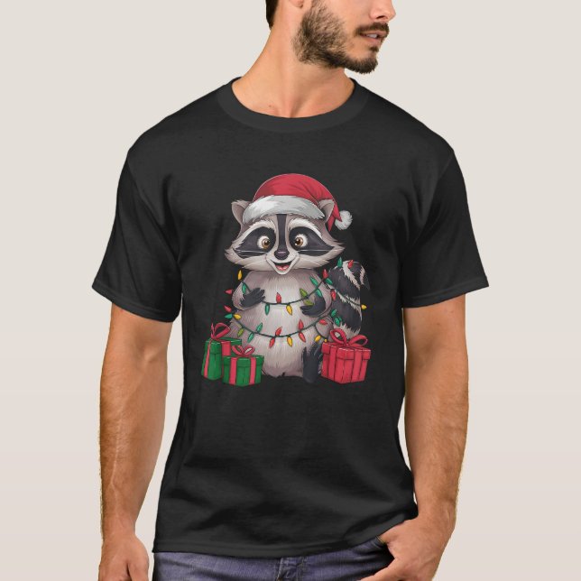 Xmas Lighting Santa Hat Racoon Christmas  T-Shirt (Front)