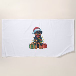 Xmas Lighting Santa Hat Rottweiler Dog Christmas  Beach Towel