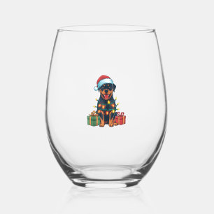 Xmas Lighting Santa Hat Rottweiler Dog Christmas  Stemless Wine Glass