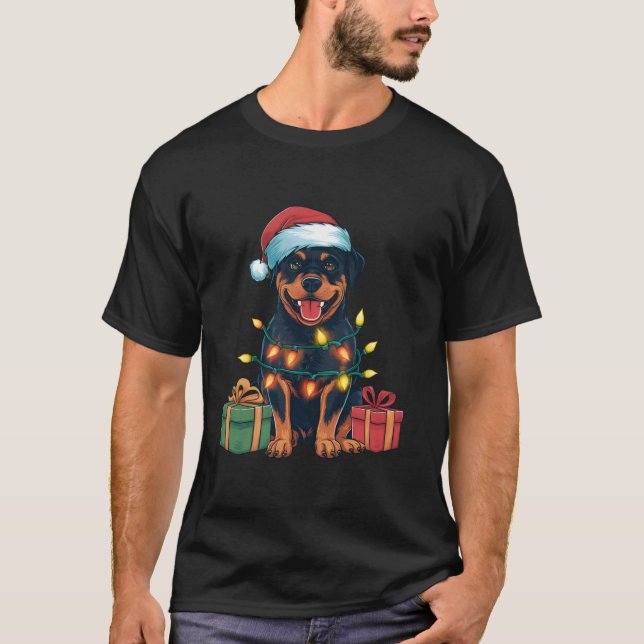 Xmas Lighting Santa Hat Rottweiler Dog Christmas T-Shirt (Front)