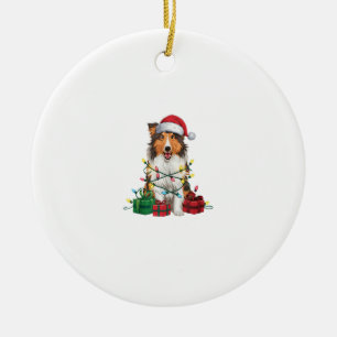 Xmas Lighting Santa Hat Rough Collie Dog Christmas Ceramic Tree Decoration