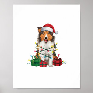 Xmas Lighting Santa Hat Rough Collie Dog Christmas Poster