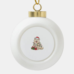 Xmas Lighting Santa Hat Samoyed Dog Christmas Ceramic Ball Christmas Ornament