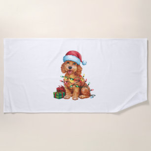 Xmas Lighting Santa Hat Schnoodle Dog Christmas  Beach Towel