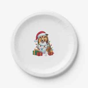 Xmas Lighting Santa Hat Shetland Sheepdog Christma Paper Plate