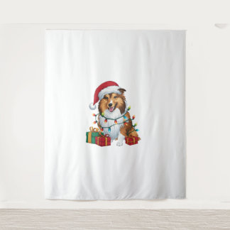 Xmas Lighting Santa Hat Shetland Sheepdog Christma Tapestry