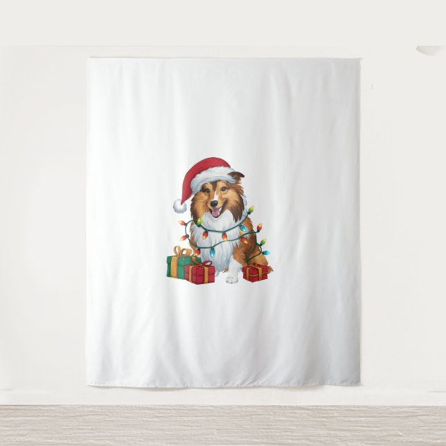 Xmas Lighting Santa Hat Shetland Sheepdog Christma Tapestry (Front)