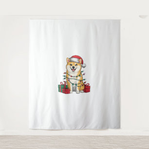 Xmas Lighting Santa Hat Shiba Inu Dog Christmas _1 Tapestry