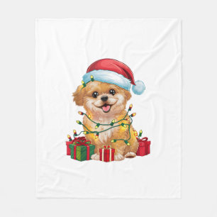 Xmas Lighting Santa Hat Shih Poo Dog Christmas Fleece Blanket