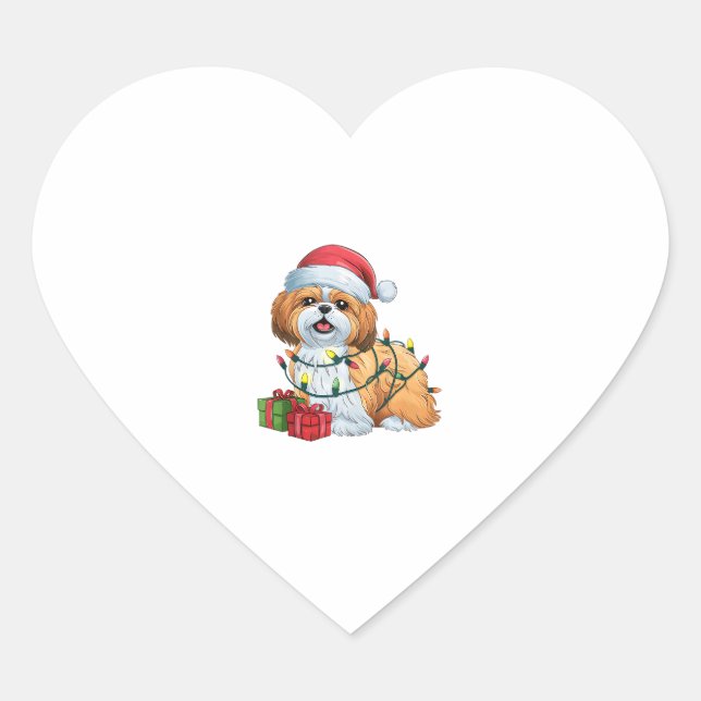 Xmas Lighting Santa Hat Shih Tzu Dog Christmas  Heart Sticker (Front)
