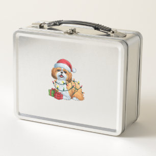 Xmas Lighting Santa Hat Shih Tzu Dog Christmas  Metal Lunch Box