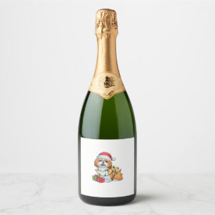 Xmas Lighting Santa Hat Shih Tzu Dog Christmas Sparkling Wine Label
