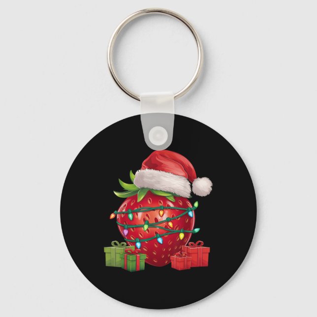 Xmas Lighting Santa Hat Strawberry Christmas T Shi Key Ring (Front)