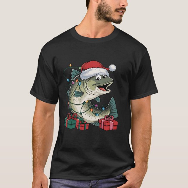 Xmas Lighting Santa Hat Trout Fish Christmas T-Shirt (Front)