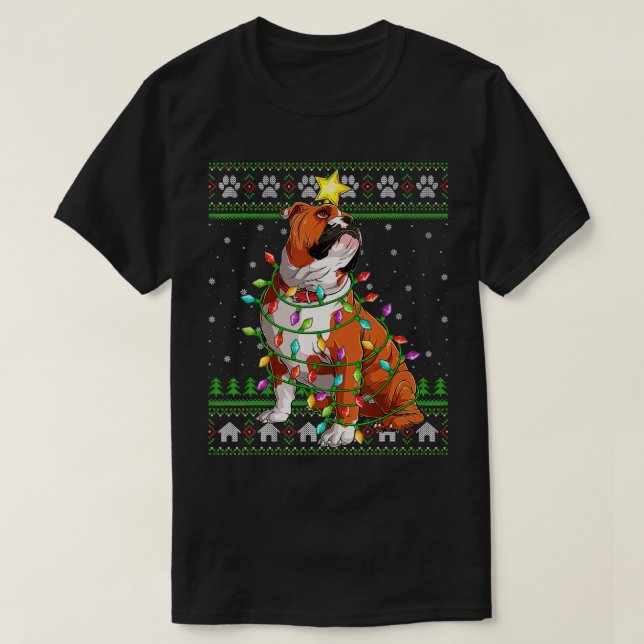 Xmas Lighting Santa Hat Ugly English Bulldog Chris T-Shirt (Design Front)