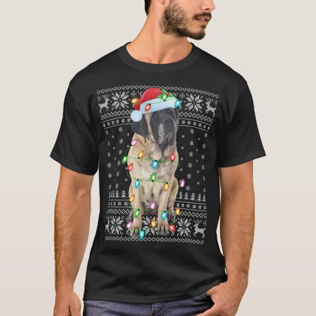 Xmas Lighting Santa Hat Ugly English Mastiff Chris T-Shirt (Front)