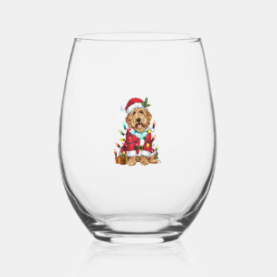 Xmas Lighting Santa Labradoodle Dog Christmas  Stemless Wine Glass