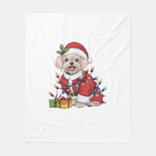 Xmas Lighting Santa Maltese Dog Christmas Fleece Blanket