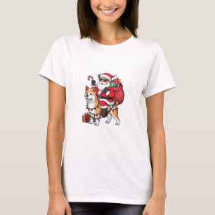 Xmas Lighting Santa Riding Akita Inu Dog Christmas T-Shirt