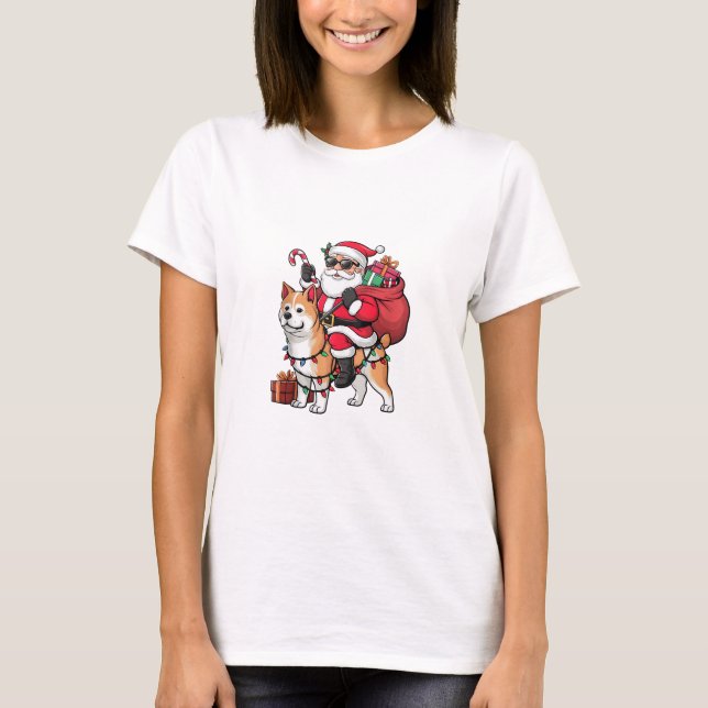 Xmas Lighting Santa Riding Akita Inu Dog Christmas T-Shirt (Front)