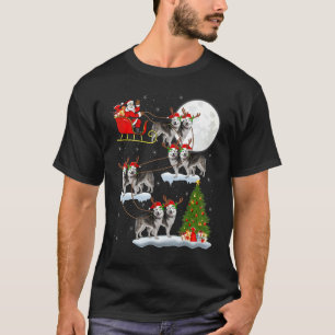 Xmas Lighting Santa Riding Alaskan Malamute Christ T-Shirt